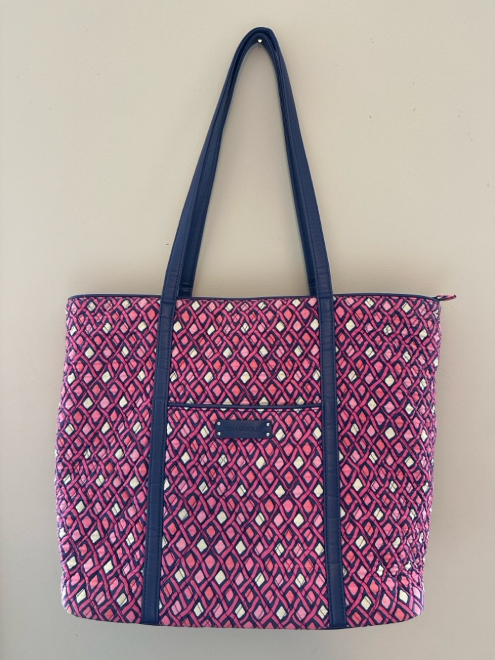 Vera Bradley Pink Geometric Quilted Tote with Navy Trim